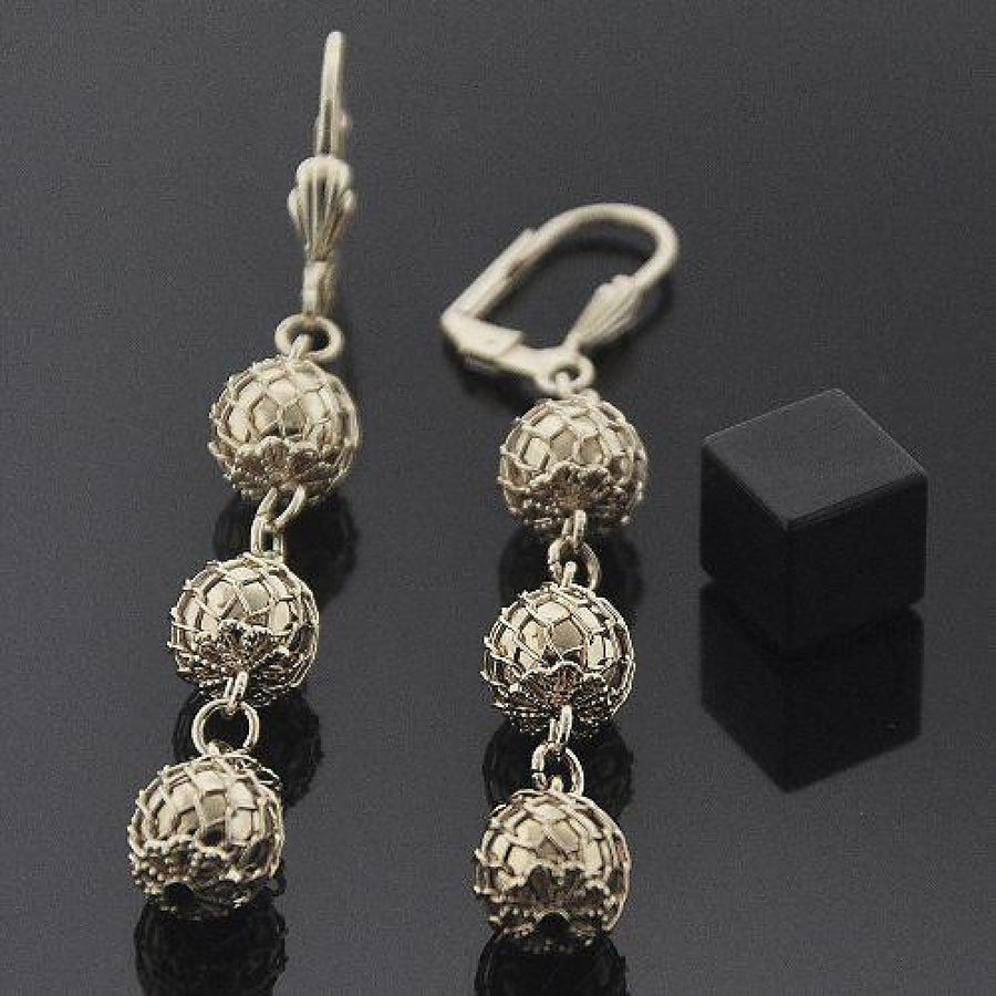 Oro Laminado Long Earring, Gold Filled Style Ball Design, Polished, Golden Finish
