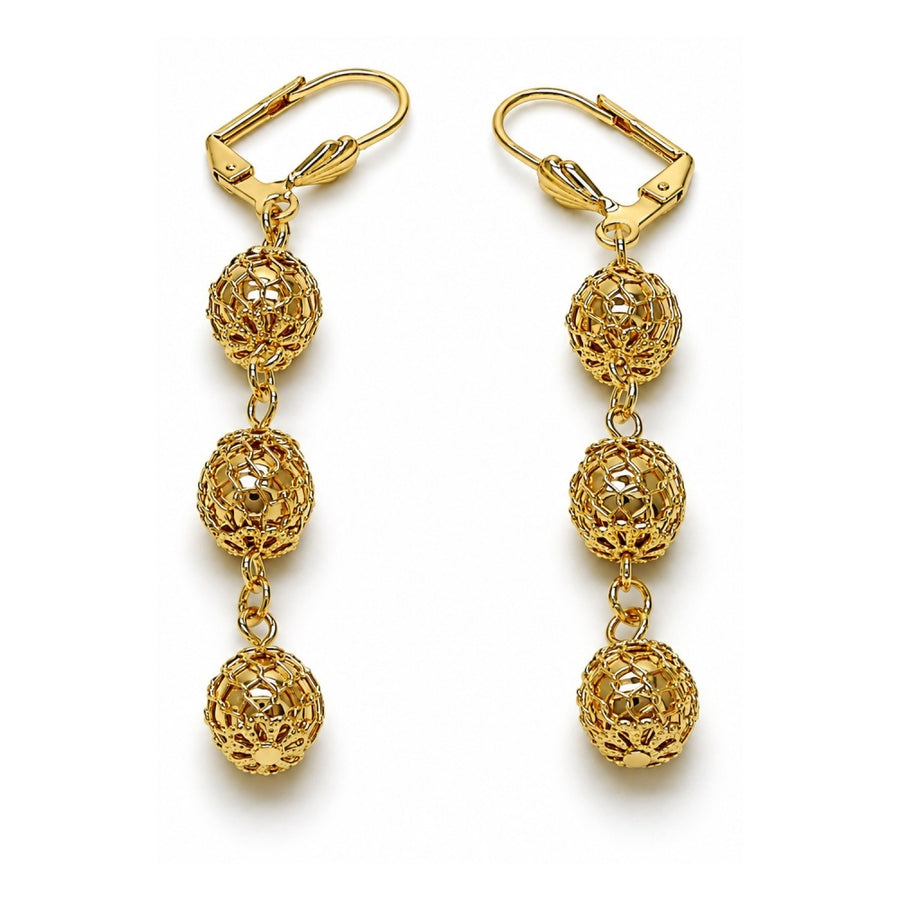Oro Laminado Long Earring, Gold Filled Style Ball Design, Polished, Golden Finish