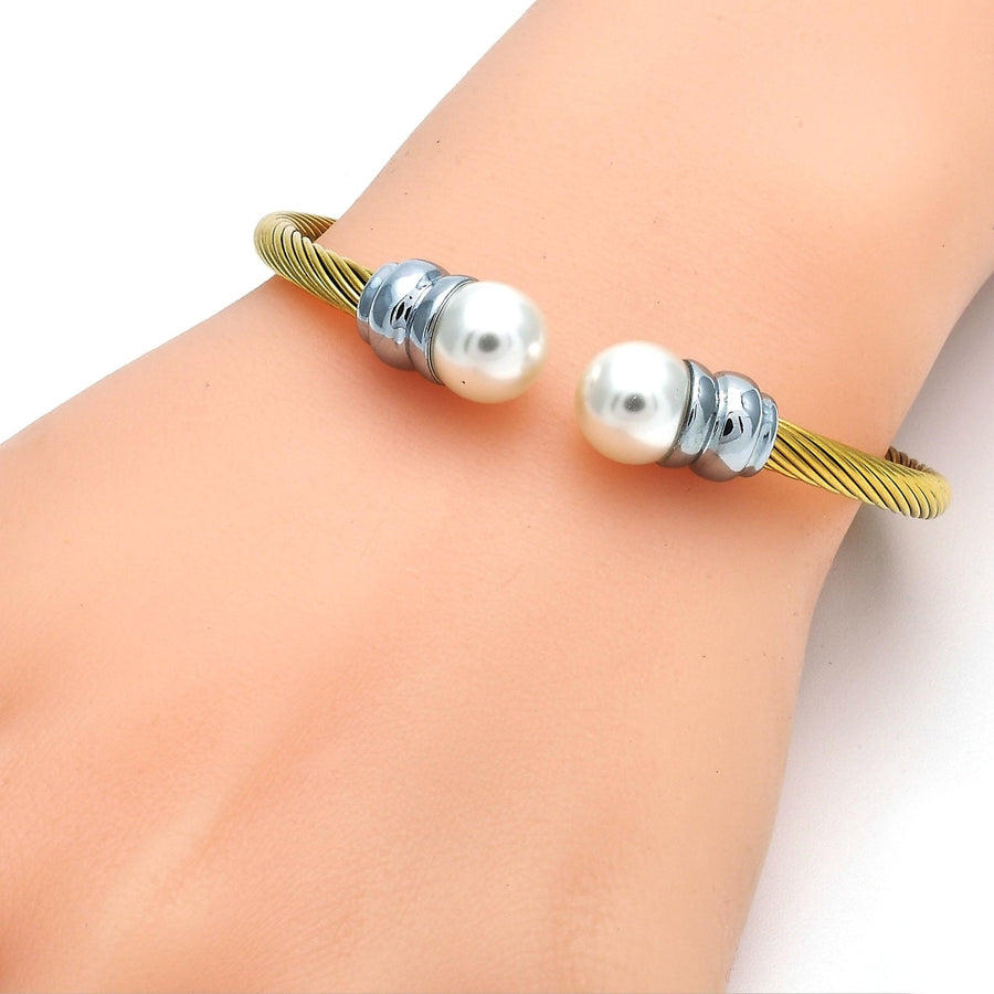 Stainless Steel Individual Bangle, Twist and Twist Design, with Ivory Pearl, Polished, Two Tone