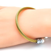 Stainless Steel Individual Bangle, Twist and Twist Design, with Ivory Pearl, Polished, Two Tone