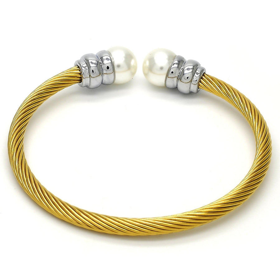 Stainless Steel Individual Bangle, Twist and Twist Design, with Ivory Pearl, Polished, Two Tone