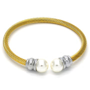 Stainless Steel Individual Bangle, Twist and Twist Design, with Ivory Pearl, Polished, Two Tone