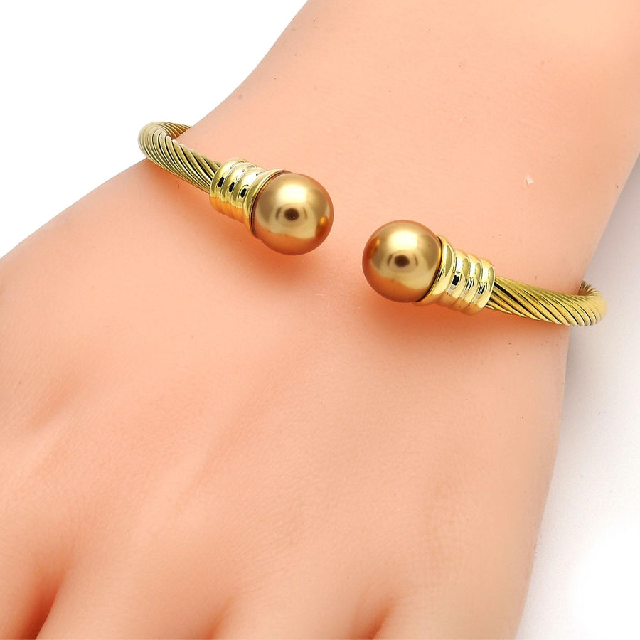 Stainless Steel Individual Bangle, Twist and Twist Design, with Gray Pearl, Polished, Two Tone