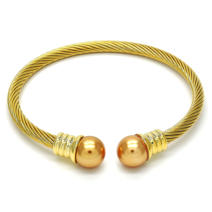 Stainless Steel Individual Bangle, Twist and Twist Design, with Gray Pearl, Polished, Two Tone