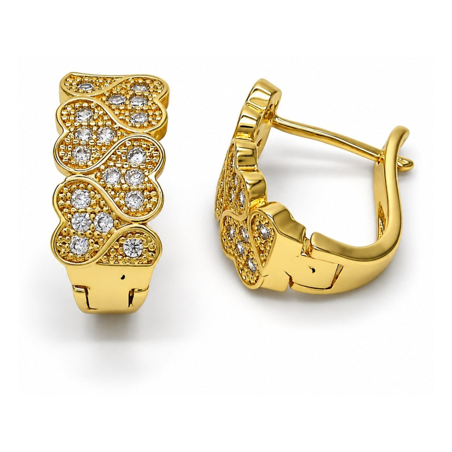 Oro Laminado Huggie Hoop, Gold Filled Style Heart Design, with White Cubic Zirconia, Polished, Golden Finish