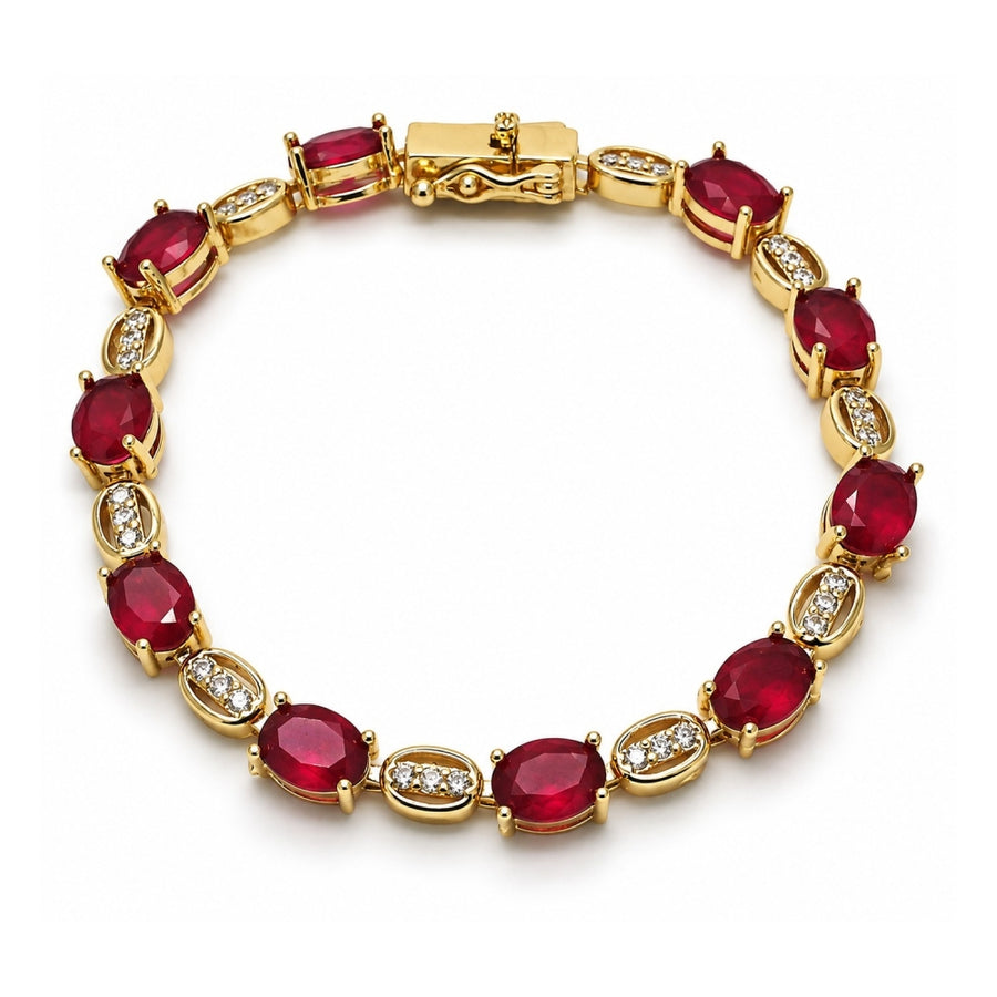 Oro Laminado Tennis Bracelet, Gold Filled Style Box Lock Design, with Ruby and White Cubic Zirconia, Polished, Golden Finish
