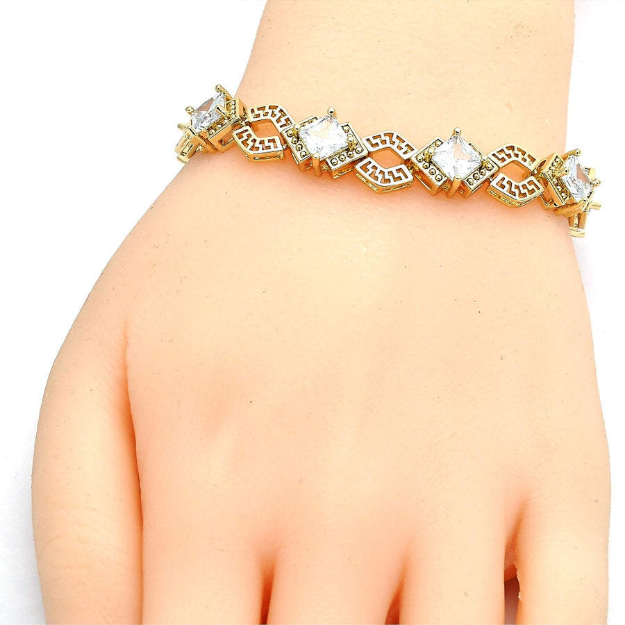 Oro Laminado Tennis Bracelet, Gold Filled Style Greek Key and Box Lock Design, with White Cubic Zirconia, Polished, Golden Finish