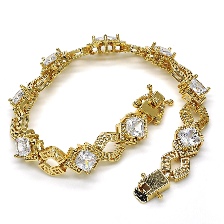 Oro Laminado Tennis Bracelet, Gold Filled Style Greek Key and Box Lock Design, with White Cubic Zirconia, Polished, Golden Finish