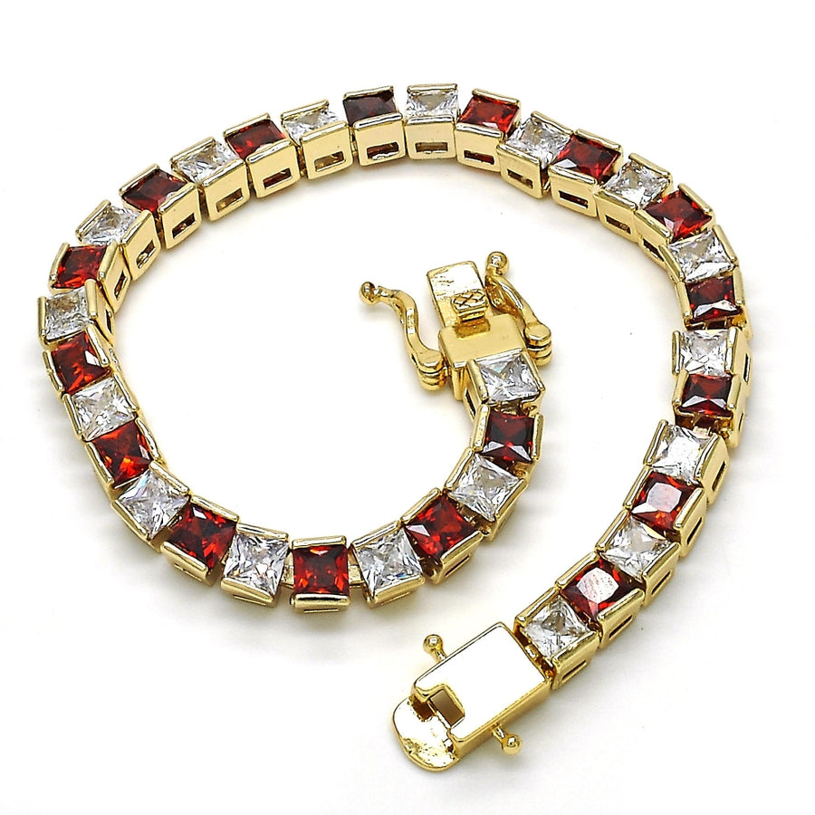 Oro Laminado Tennis Bracelet, Gold Filled Style with Garnet and White Cubic Zirconia, Polished, Golden Finish