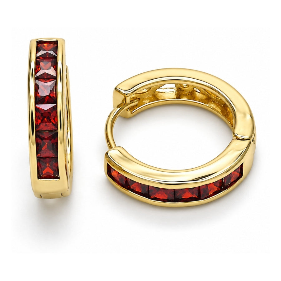 Oro Laminado Huggie Hoop, Gold Filled Style with Garnet Cubic Zirconia, Polished, Golden Finish
