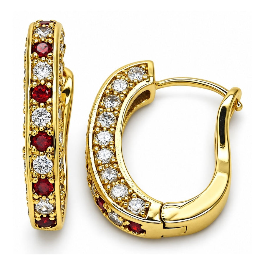 Oro Laminado Huggie Hoop, Gold Filled Style with Garnet and White Cubic Zirconia, Polished, Golden Finish