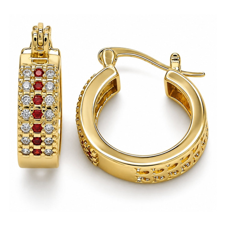 Oro Laminado Small Hoop, Gold Filled Style with Garnet and White Cubic Zirconia, Polished, Golden Finish
