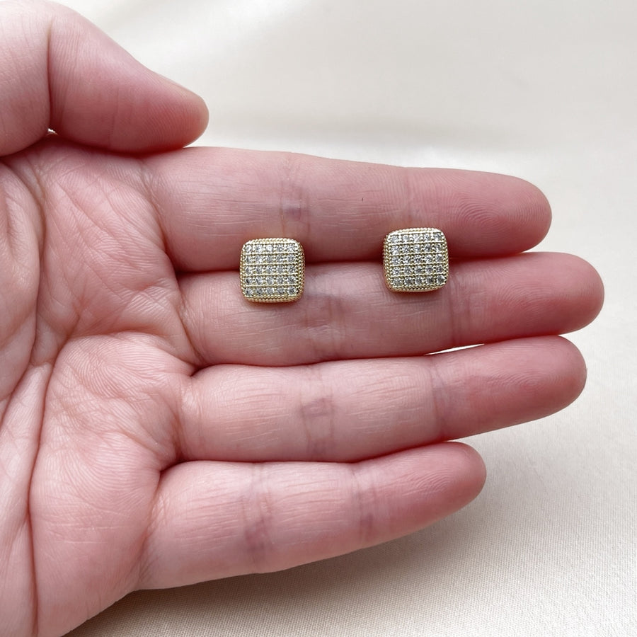 Oro Laminado Stud Earring, Gold Filled Style with White Cubic Zirconia, Polished, Golden Finish