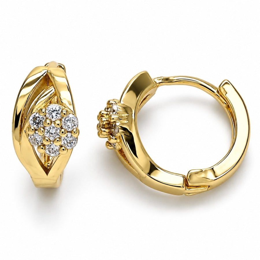 Oro Laminado Huggie Hoop, Gold Filled Style Flower Design, with White Cubic Zirconia, Polished, Golden Finish