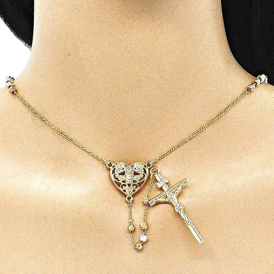 Oro Laminado Thin Rosary, Gold Filled Style Guadalupe and Crucifix Design, Diamond Cutting Finish, Tricolor
