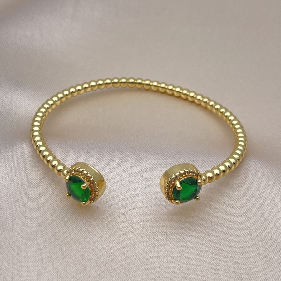 Oro Laminado Individual Bangle, Gold Filled Style with Green Cubic Zirconia and White Micro Pave, Polished, Golden Finish