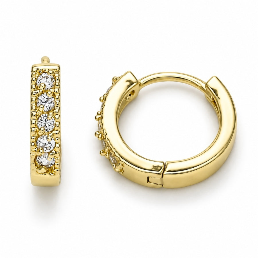 Oro Laminado Huggie Hoop, Gold Filled Style with White Cubic Zirconia, Polished, Golden Finish