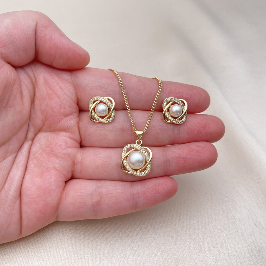 Oro Laminado Earring and Pendant Adult Set, Gold Filled Style Love Knot and Infinite Design, with White Micro Pave and Ivory Pearl, Polished, Golden Finish