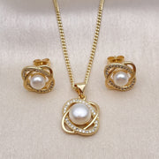 Oro Laminado Earring and Pendant Adult Set, Gold Filled Style Love Knot and Infinite Design, with White Micro Pave and Ivory Pearl, Polished, Golden Finish