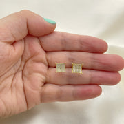 Oro Laminado Stud Earring, Gold Filled Style with White Micro Pave, Polished, Golden Finish