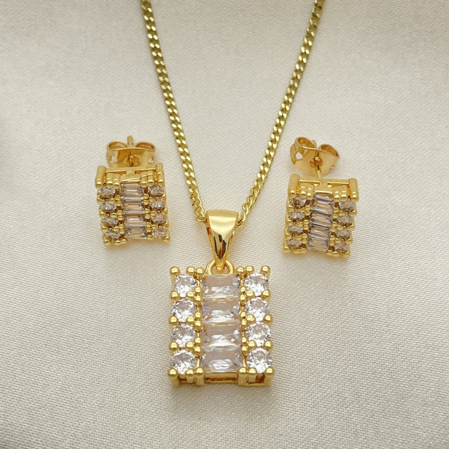 Oro Laminado Earring and Pendant Adult Set, Gold Filled Style Baguette and Cluster Design, Polished, Golden Finish