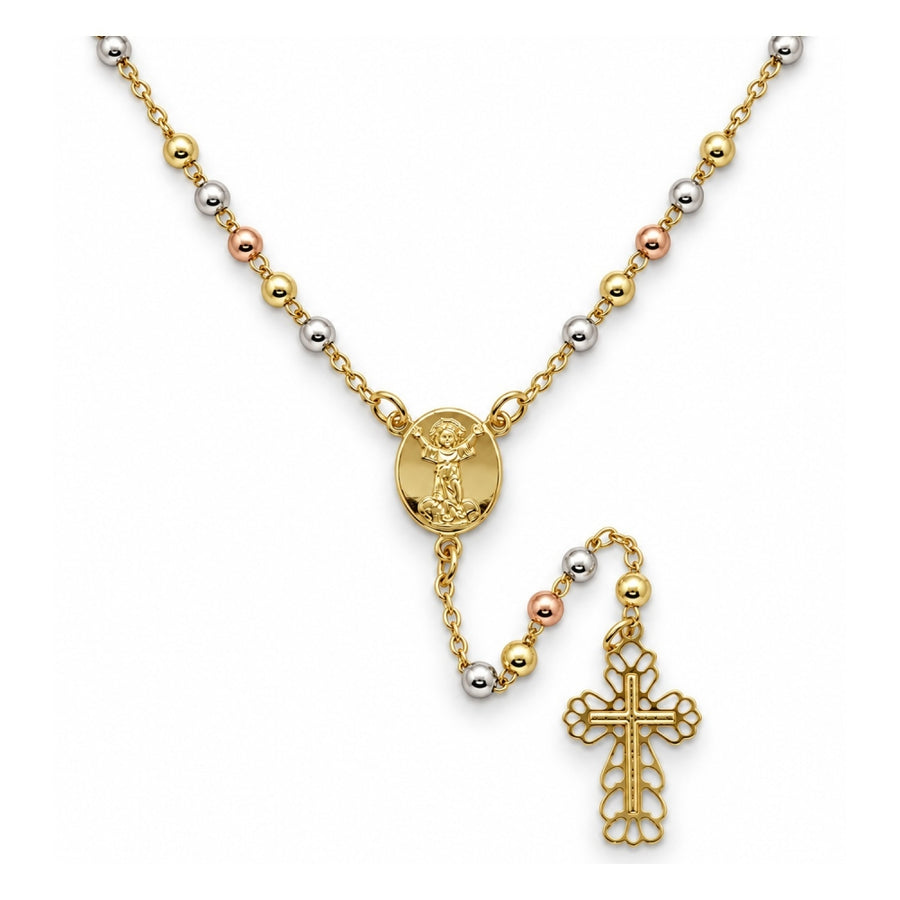 Oro Laminado Thin Rosary, Gold Filled Style Cross and Divino NiÃ±o Design, Polished, Tricolor