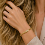 Oro Laminado Basic Bracelet, Gold Filled Style Miami Cuban and Box Lock Design, with White Micro Pave, Polished, Golden Finish