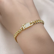 Oro Laminado Basic Bracelet, Gold Filled Style Miami Cuban and Box Lock Design, with White Micro Pave, Polished, Golden Finish