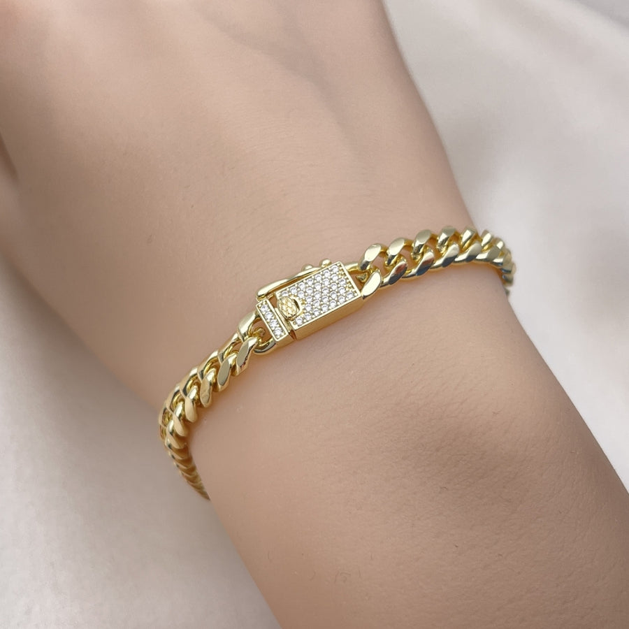 Oro Laminado Basic Bracelet, Gold Filled Style Miami Cuban and Box Lock Design, with White Micro Pave, Polished, Golden Finish