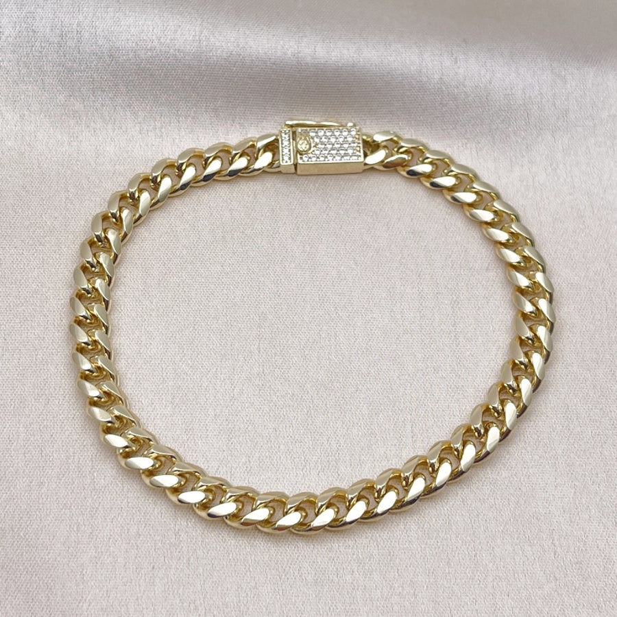 Oro Laminado Basic Bracelet, Gold Filled Style Miami Cuban and Box Lock Design, with White Micro Pave, Polished, Golden Finish