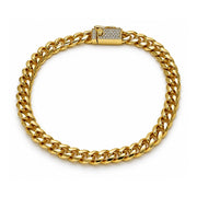 Oro Laminado Basic Bracelet, Gold Filled Style Miami Cuban and Box Lock Design, with White Micro Pave, Polished, Golden Finish
