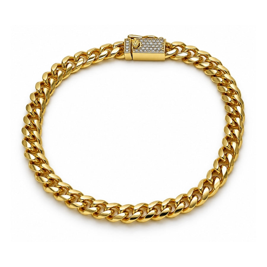 Oro Laminado Basic Bracelet, Gold Filled Style Miami Cuban and Box Lock Design, with White Micro Pave, Polished, Golden Finish