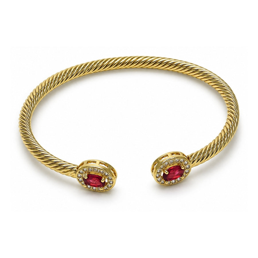 Oro Laminado Individual Bangle, Gold Filled Style Twist Design, with Ruby Cubic Zirconia and White Micro Pave, Polished, Golden Finish