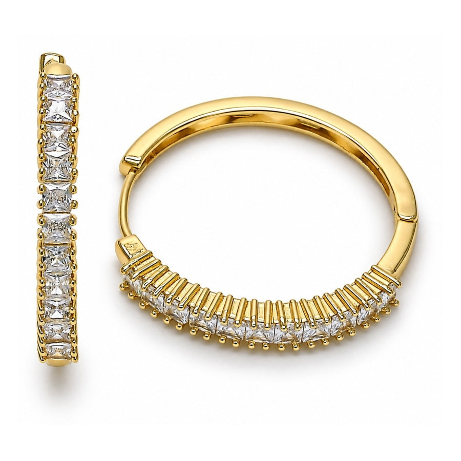 Oro Laminado Huggie Hoop, Gold Filled Style Baguette Design, with White Cubic Zirconia, Polished, Golden Finish