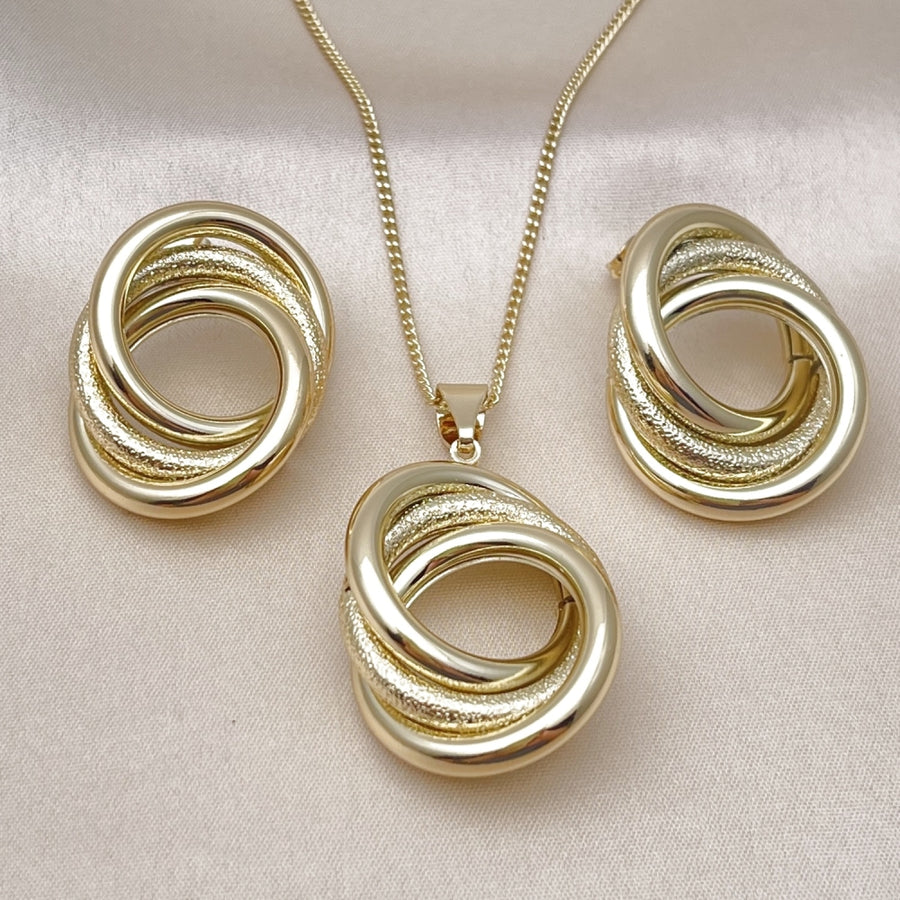 Oro Laminado Earring and Pendant Adult Set, Gold Filled Style Hollow and Love Knot Design, Matte Finish, Golden Finish