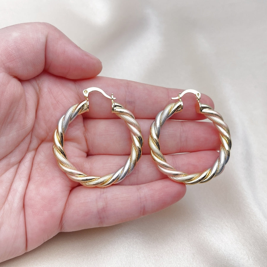 Oro Laminado Medium Hoop, Gold Filled Style Twist Design, Matte Finish, Tricolor