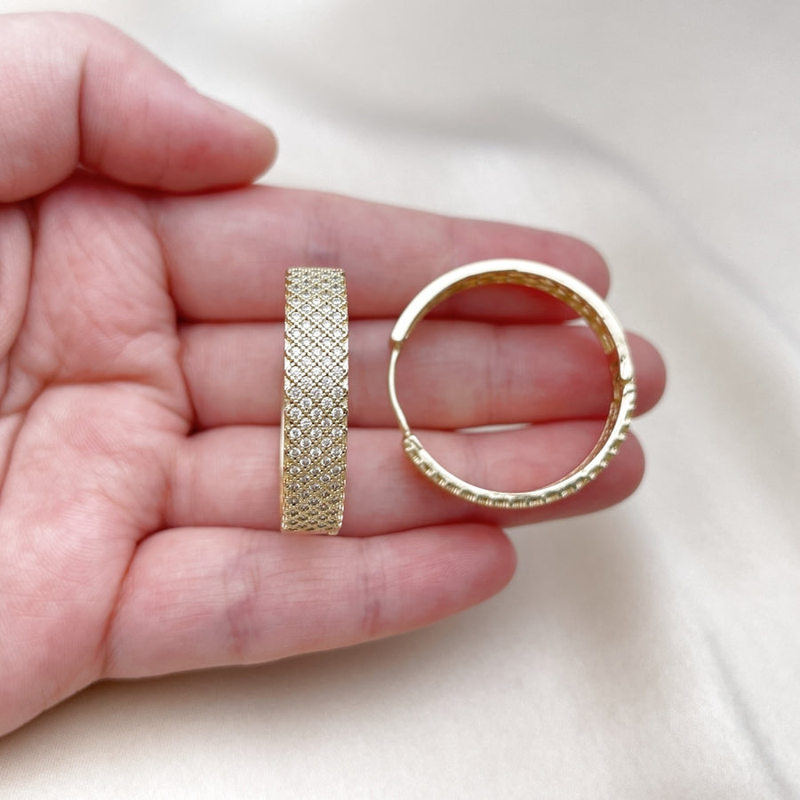 Oro Laminado Huggie Hoop, Gold Filled Style Filigree Design, with White Micro Pave, Polished, Golden Finish