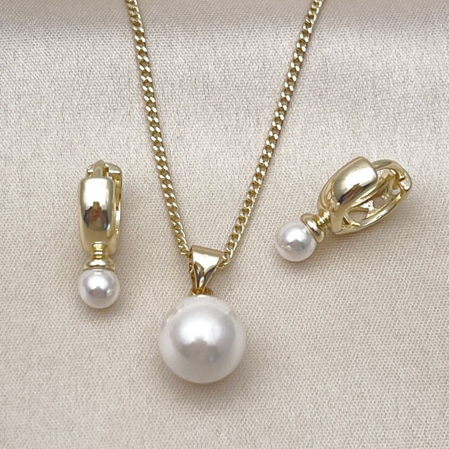 Oro Laminado Earring and Pendant Adult Set, Gold Filled Style Ball Design, with Ivory Mother of Pearl, Polished, Golden Finish