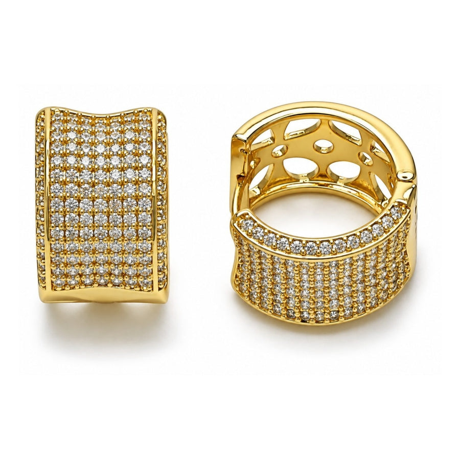 Oro Laminado Huggie Hoop, Gold Filled Style Four-leaf Clover Design, with White Cubic Zirconia, Polished, Golden Finish