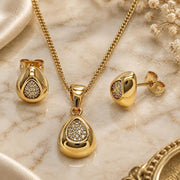 Oro Laminado Earring and Pendant Adult Set, Gold Filled Style Teardrop Design, with White Micro Pave, Polished, Golden Finish