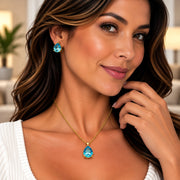 Oro Laminado Earring and Pendant Adult Set, Gold Filled Style Teardrop and Rolo Design, with Blue Topaz Cubic Zirconia, Polished, Golden Finish
