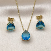 Oro Laminado Earring and Pendant Adult Set, Gold Filled Style Teardrop and Rolo Design, with Blue Topaz Cubic Zirconia, Polished, Golden Finish