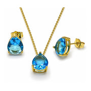 Oro Laminado Earring and Pendant Adult Set, Gold Filled Style Teardrop and Rolo Design, with Blue Topaz Cubic Zirconia, Polished, Golden Finish