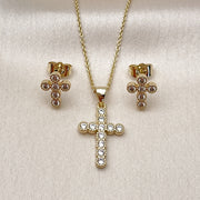 Oro Laminado Earring and Pendant Adult Set, Gold Filled Style Cross and Rolo Design, with White Cubic Zirconia, Polished, Golden Finish