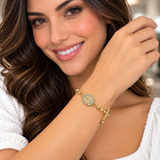 Oro Laminado Fancy Bracelet, Gold Filled Style Guadalupe and Crucifix Design, with White Cubic Zirconia, Diamond Cutting Finish, Golden Finish
