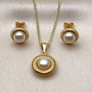 Oro Laminado Earring and Pendant Adult Set, Gold Filled Style Flower Design, with Ivory Pearl, Polished, Golden Finish