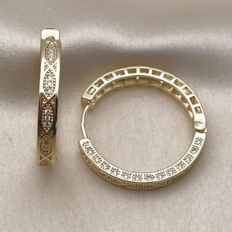 Oro Laminado Huggie Hoop, Gold Filled Style with White Micro Pave, Polished, Golden Finish