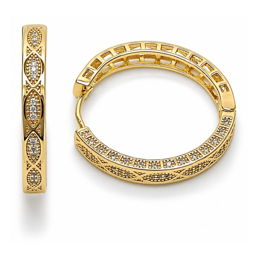 Oro Laminado Huggie Hoop, Gold Filled Style with White Micro Pave, Polished, Golden Finish