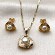 Oro Laminado Earring and Pendant Adult Set, Gold Filled Style Love Knot and Ball Design, with Ivory Pearl, Diamond Cutting Finish, Golden Finish