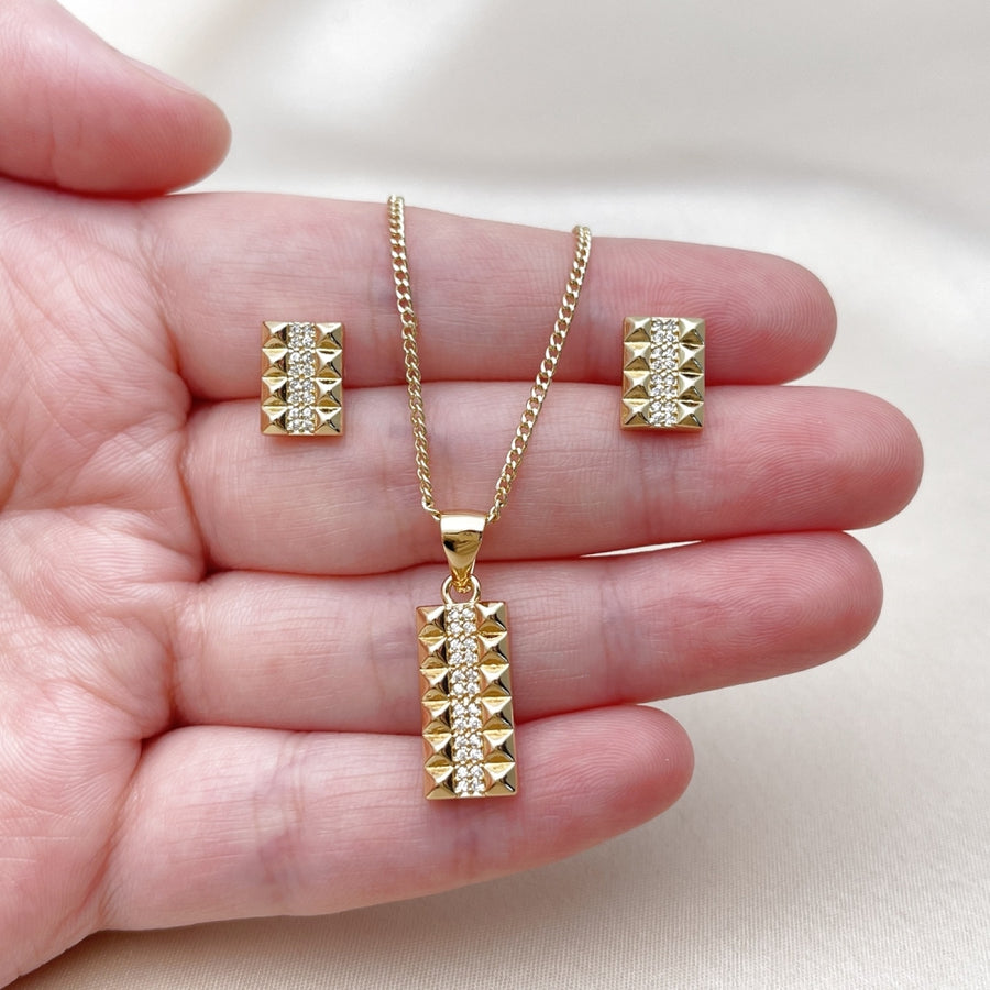 Oro Laminado Earring and Pendant Adult Set, Gold Filled Style with White Cubic Zirconia, Polished, Golden Finish